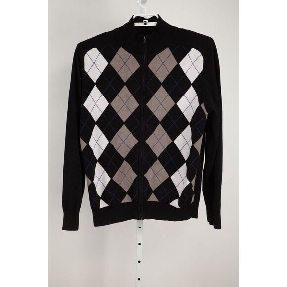 Guess Sweater Men Extra Large Black White Gray Argyle Diamond Full Zip - Picture 1 of 10